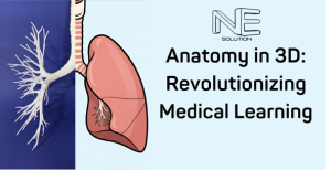 A banner by NE Solution reading "Anatomy in 3D: Revolutionizing Medical Learning" with a 3D printed trachea model.