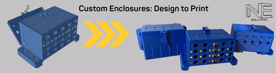 Banner showing the NE Solution process of turning a 3D CAD model into a final 3D printed electrical enclosure.