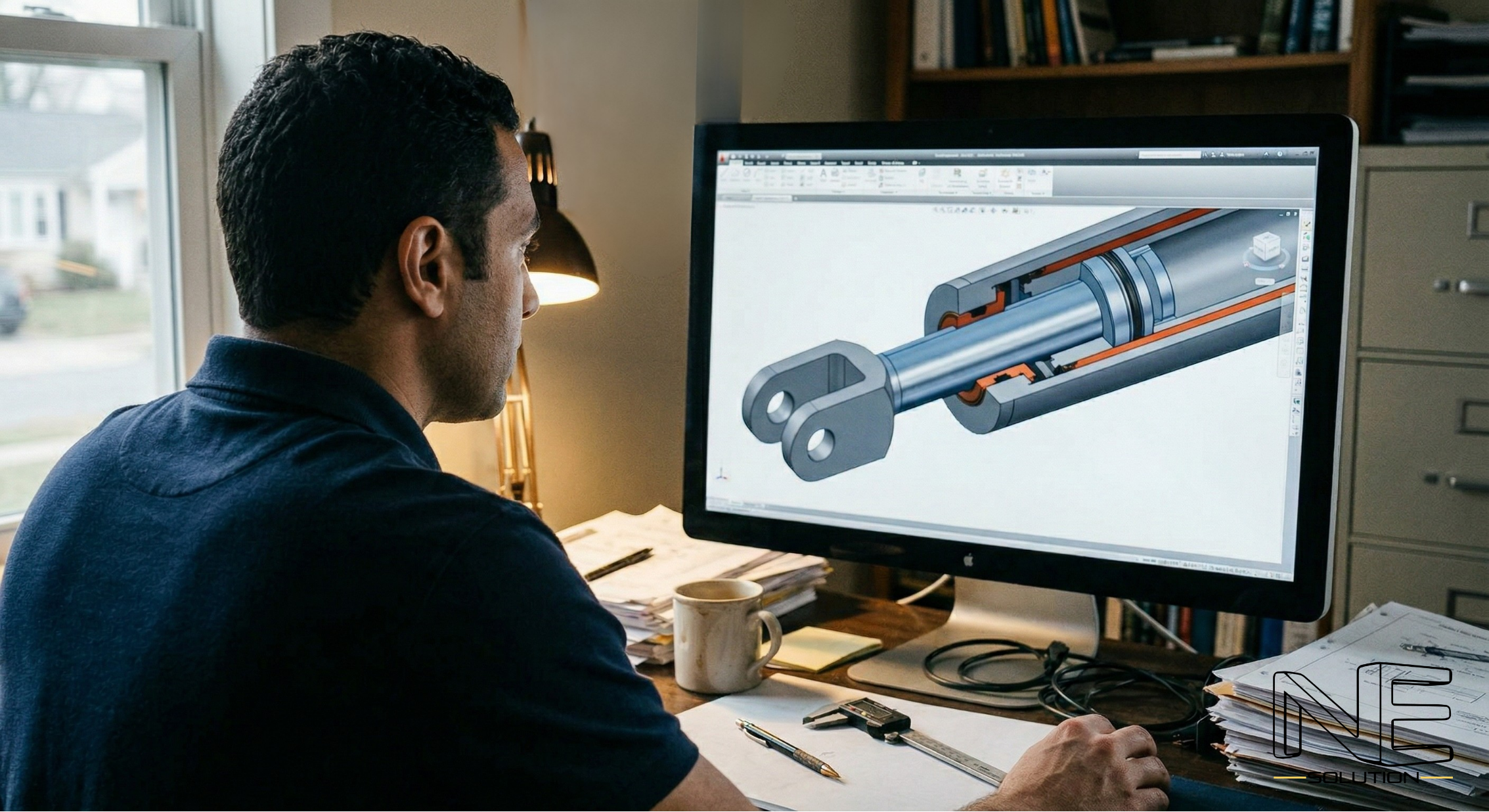 Engineer reviewing a 3D CAD model on screen