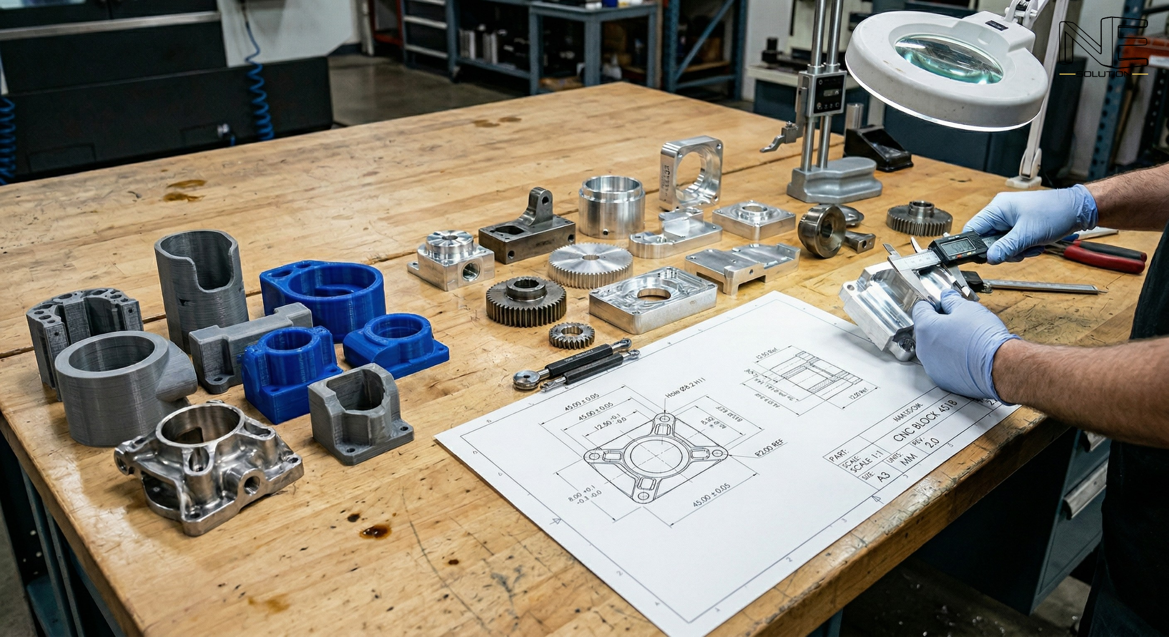 Machined parts, 3D-printed prototypes, and technical drawings on the workbench