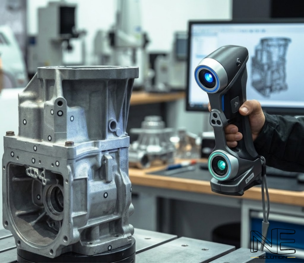 Technician holding a handheld 3D scanner aimed at a metal engine component in a lab.